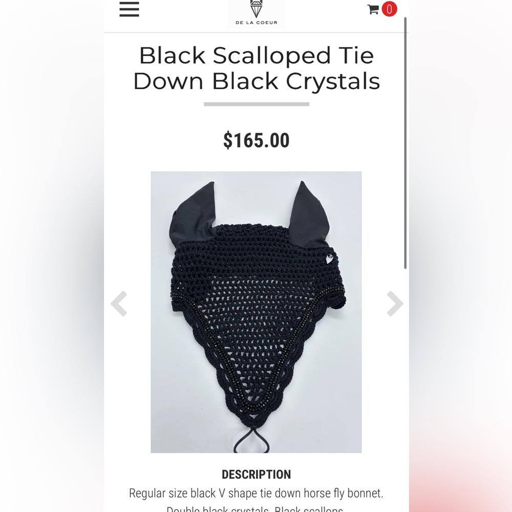 De La Coeur black scalloped tie down horse ear bonnet
